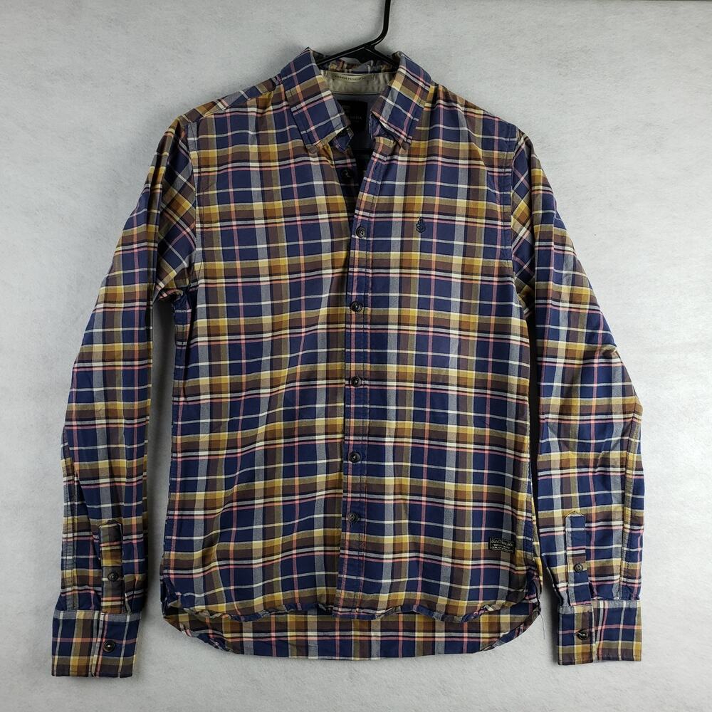 Scotch & Soda Men's S Long Sleeve Basket Weave Plaid Dress Shirt Blue Brown